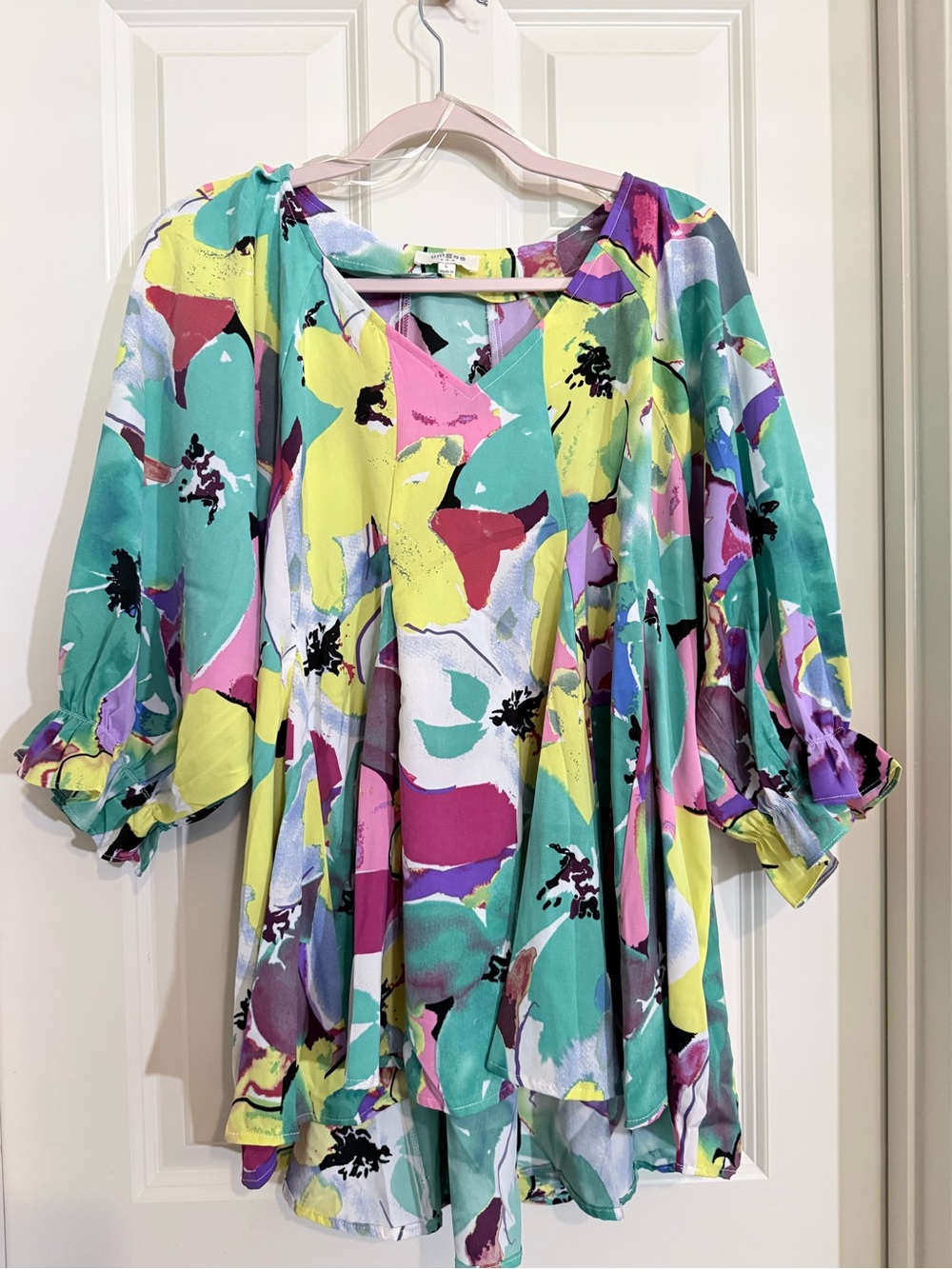 Umgee Teal Multicolor Abstract Floral V-Neck Blouse
